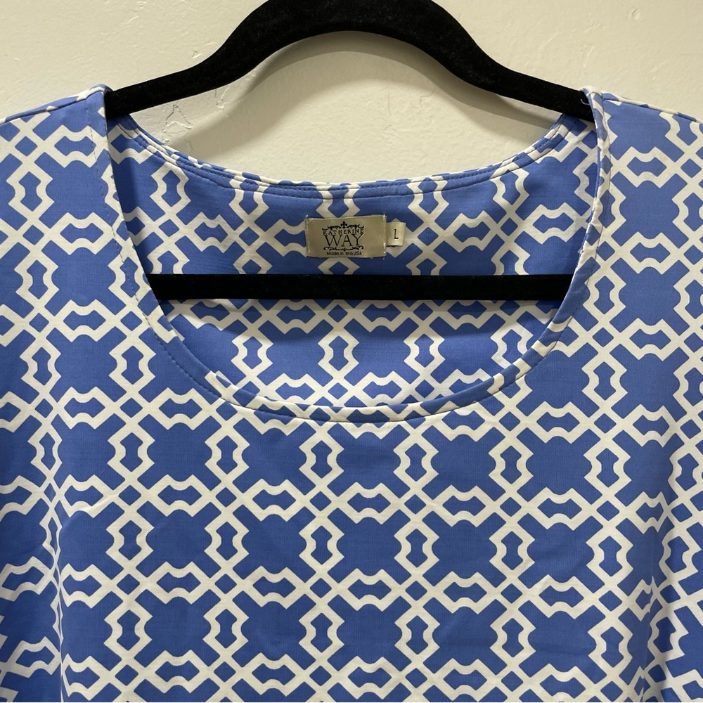 Katherine Way Scoop Neckline Dress Woman's Large Geometric Print 3/4 Sleeve - Picture 2 of 8